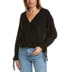 AllSaints Black Wrap V Neck Penny Blouse Long Sleeve Women's Medium